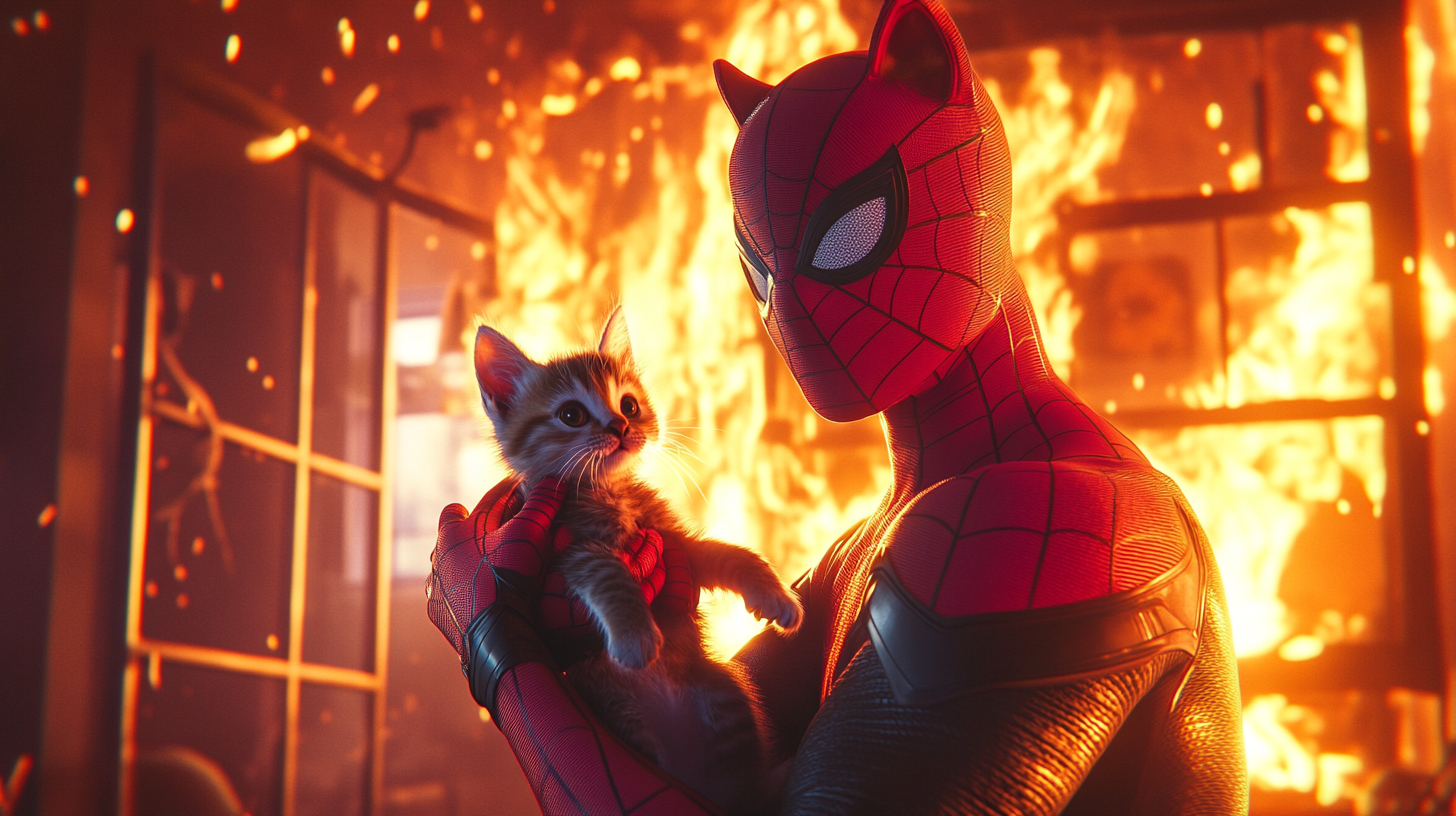 Heroic Cat Spider-Man saves kitten from burning room.