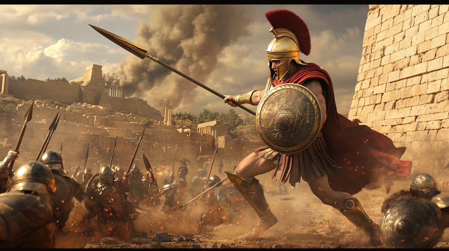 Heroic hoplite warrior in intense battle scene reenactment.