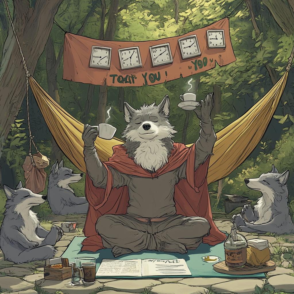 Heroic wolf juggles clocks, lists, coffee, meditates; friends relax.