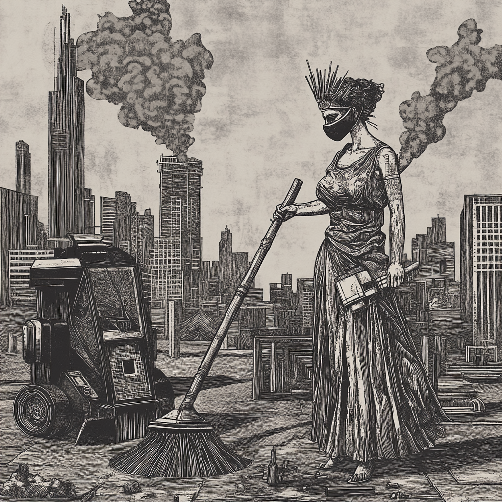 Hestia fighting city dust with modern technology, etching illustration.