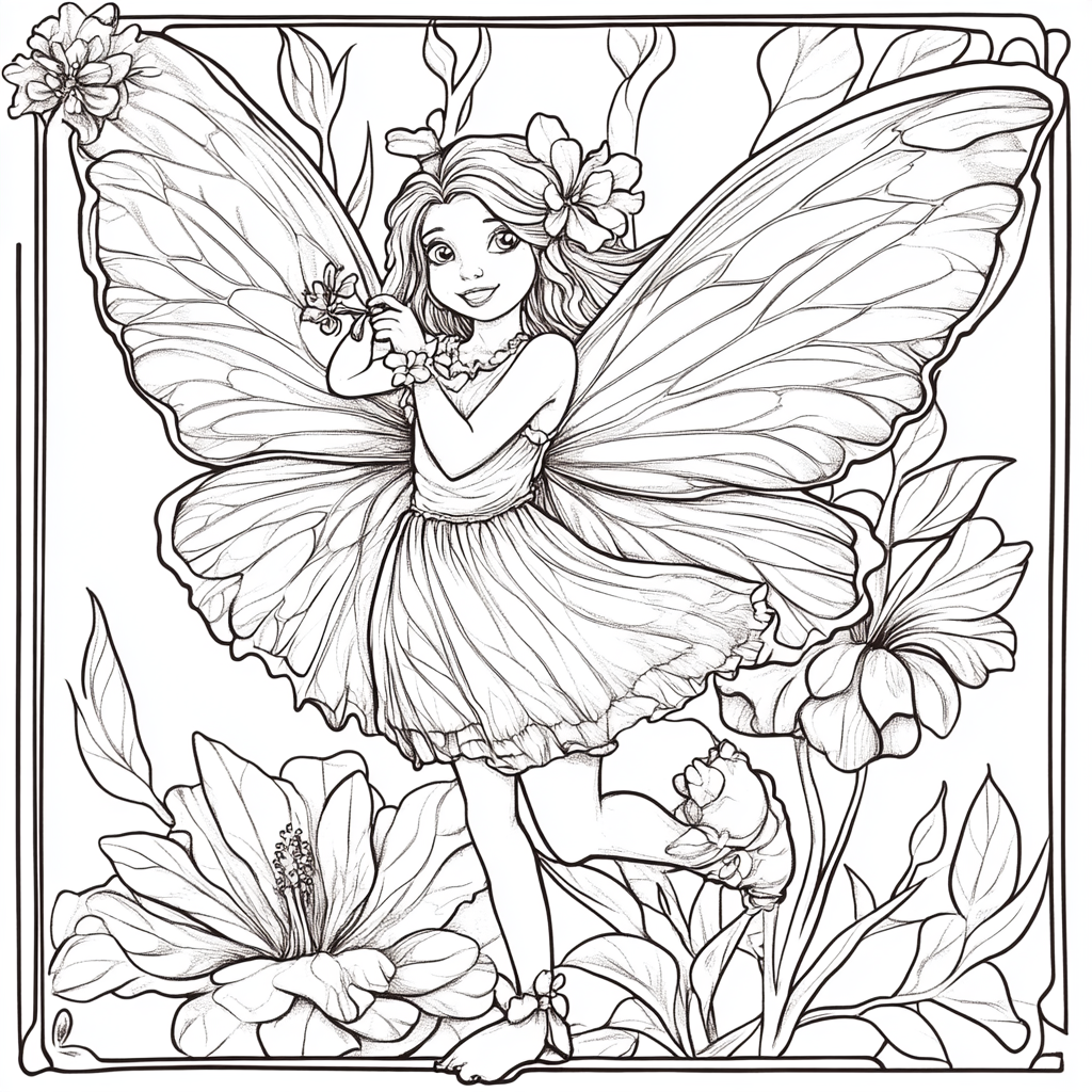 Hibiscus Fairy: Tim Burton-Inspired Cartoon Coloring Page