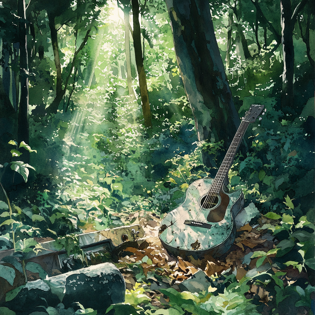 Hidden broken guitar in magical forest sunlight.