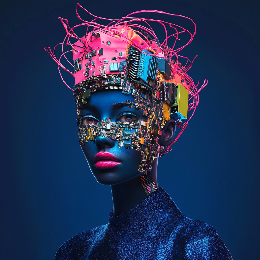 High-Fashion Electronic Waste Portrait in Vibrant Colors