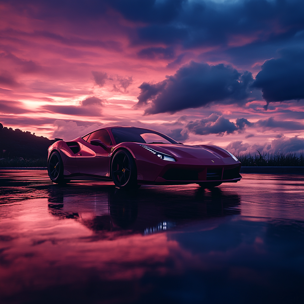 High-Resolution Ferrari Image Under Sunset Sky 