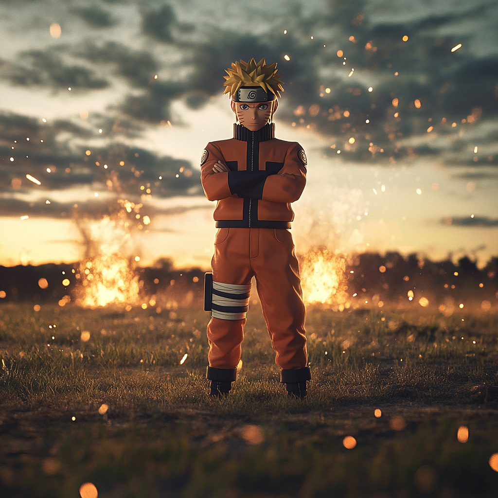 High-Resolution Naruto Standing in Field with Sparks Background