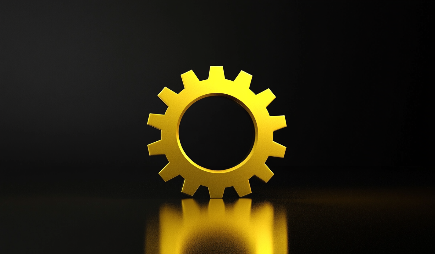 High-Resolution Yellow Gear Icon on Reflective Surface