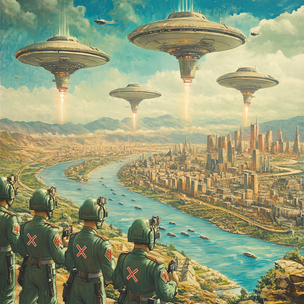 High Tech Army with X Symbols, UFO Fleet, Cityscape by Matt Furie