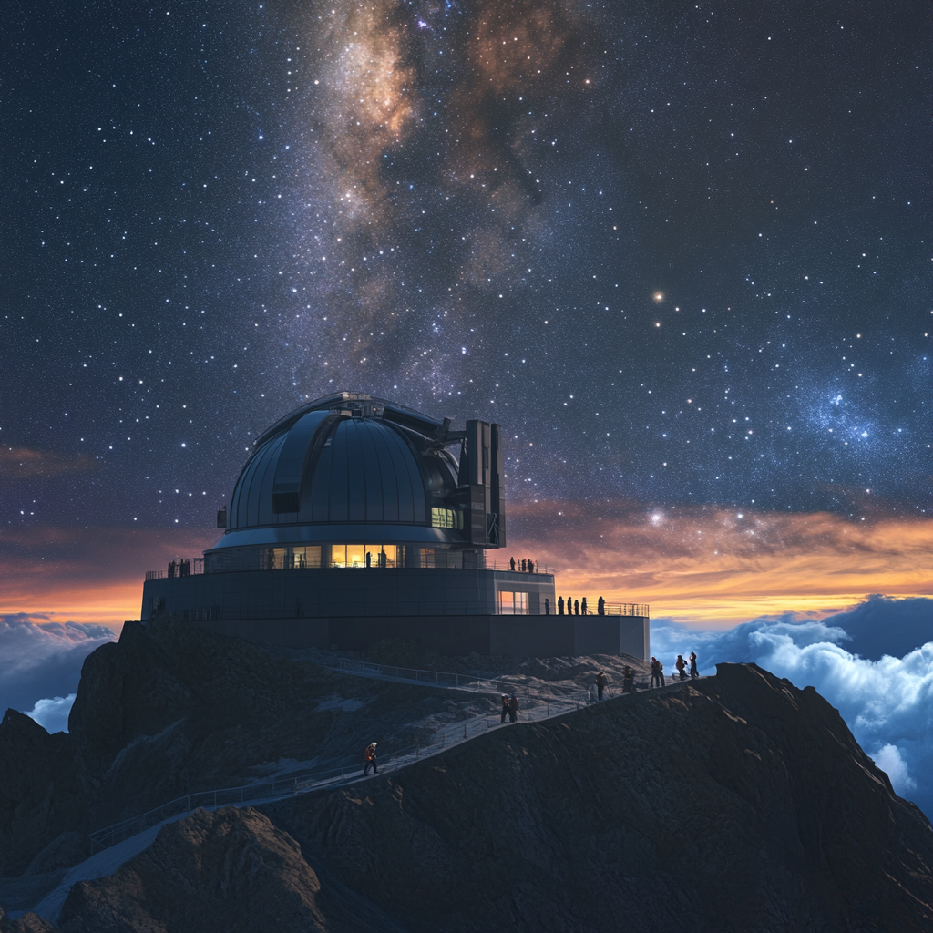 High-Tech Observatory on Mountaintop with Astronomers Studying Night Sky