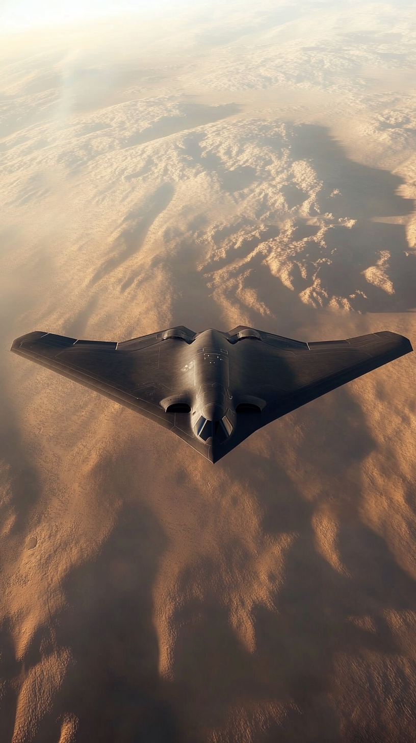 High-altitude view of B-21 Raider flying over desert.