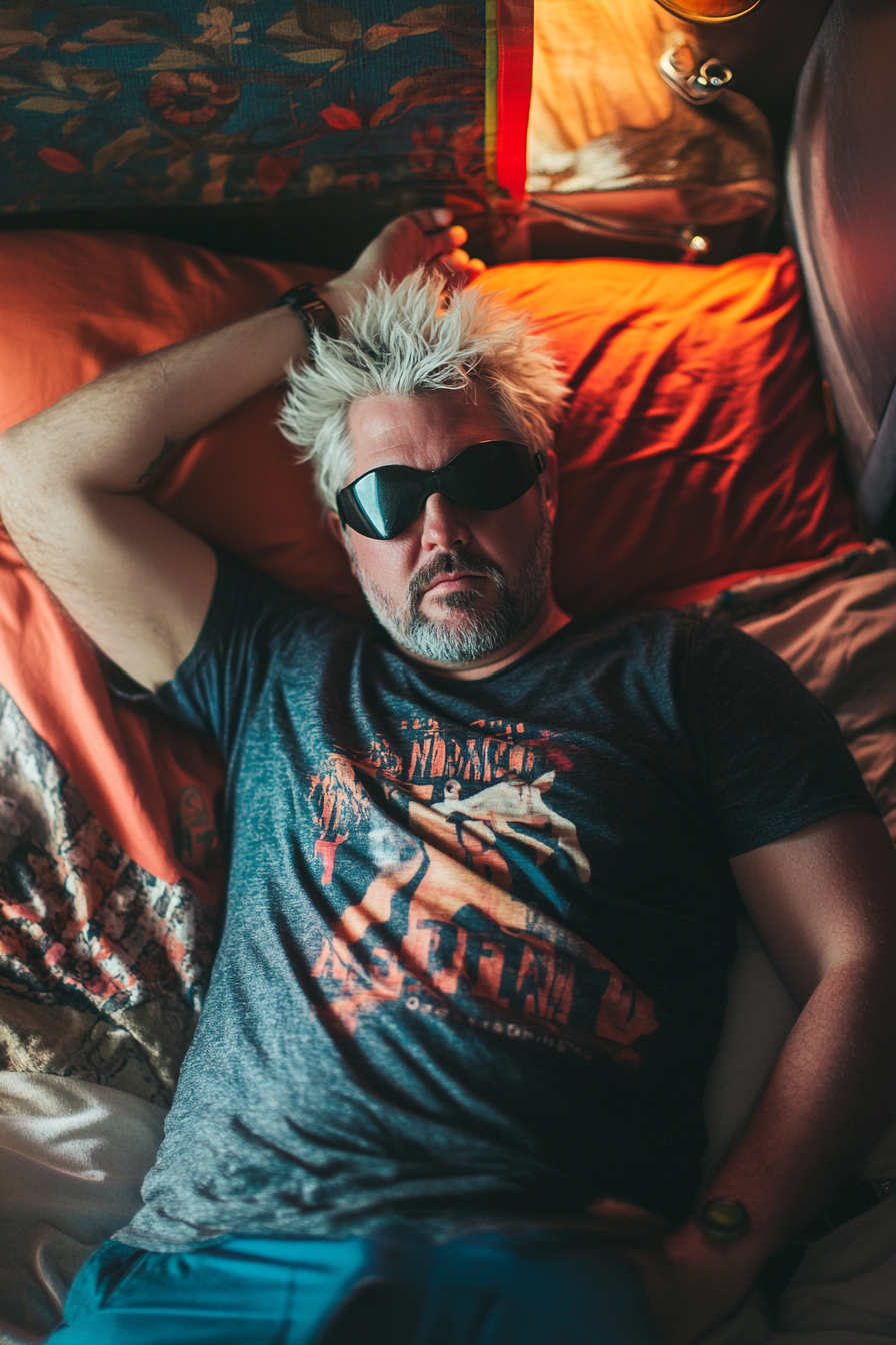 High angle photo of Guy Fieri sitting in bed