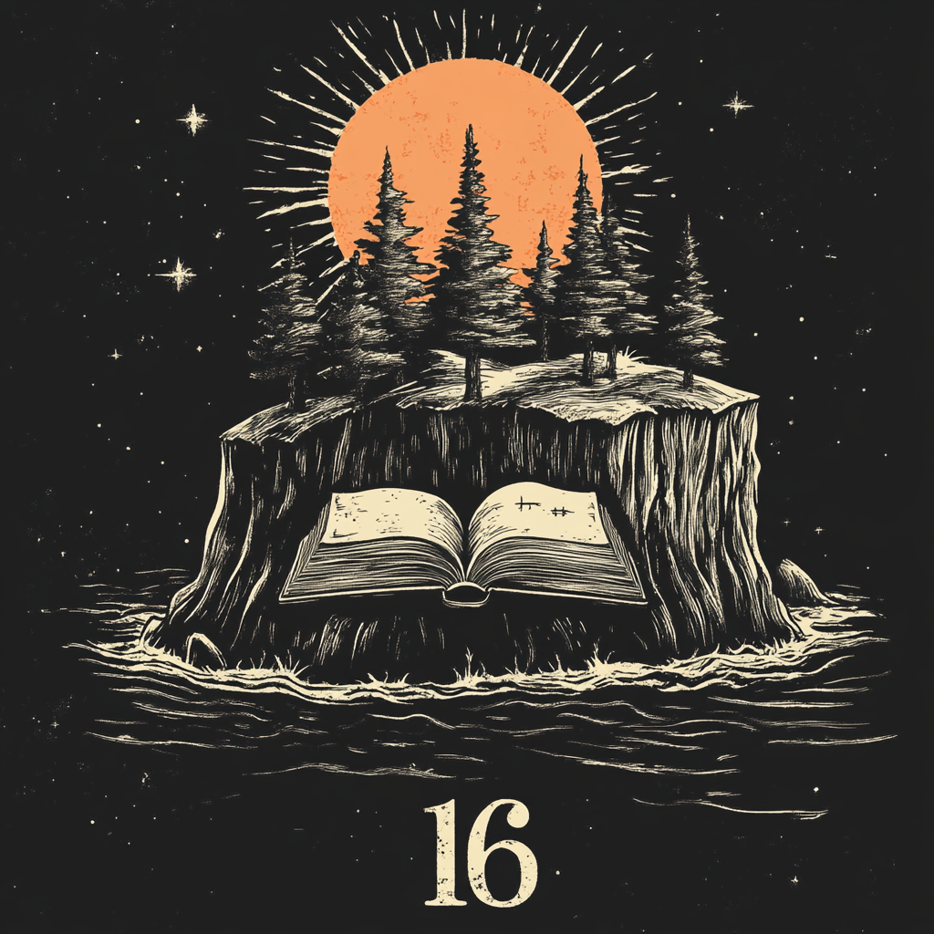 High contrast funky tee shirt design with sun, island, book, and number 16.