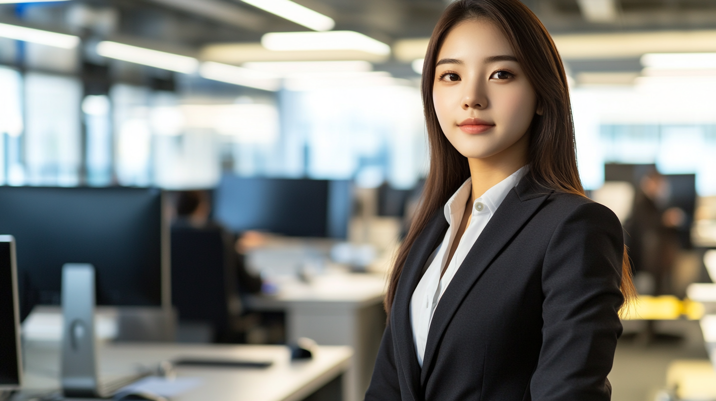 High contrast photo of beautiful Asian woman in office.