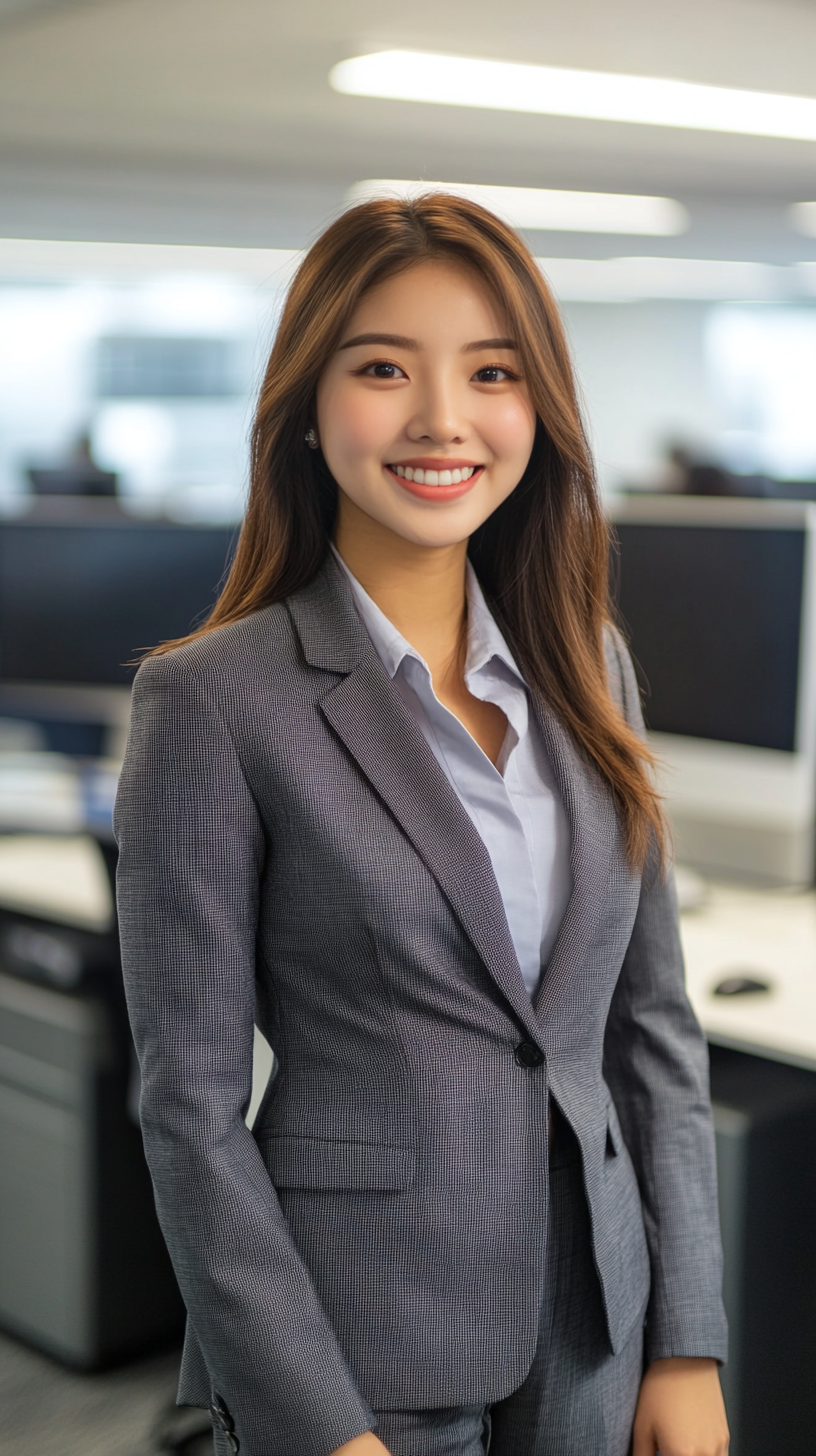 High contrast photo of smiling Asian business woman, no freckles.