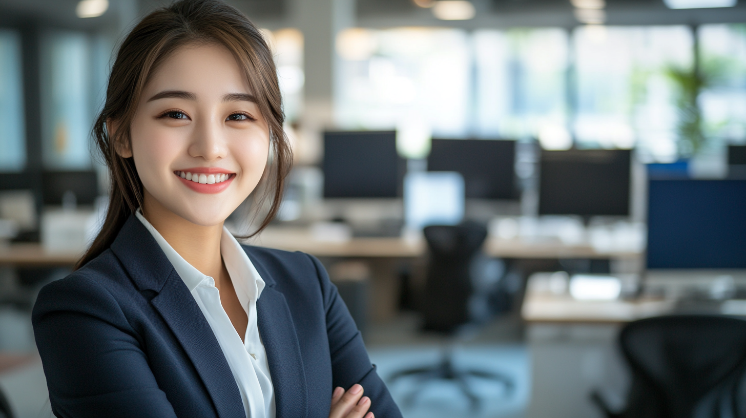 High contrast photo of young Asian woman smiling.