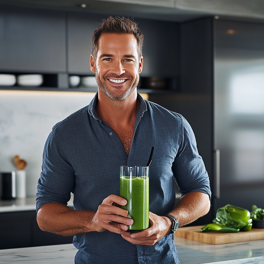 High-def image of man in kitchen with smoothie, exuding strength and luxury.