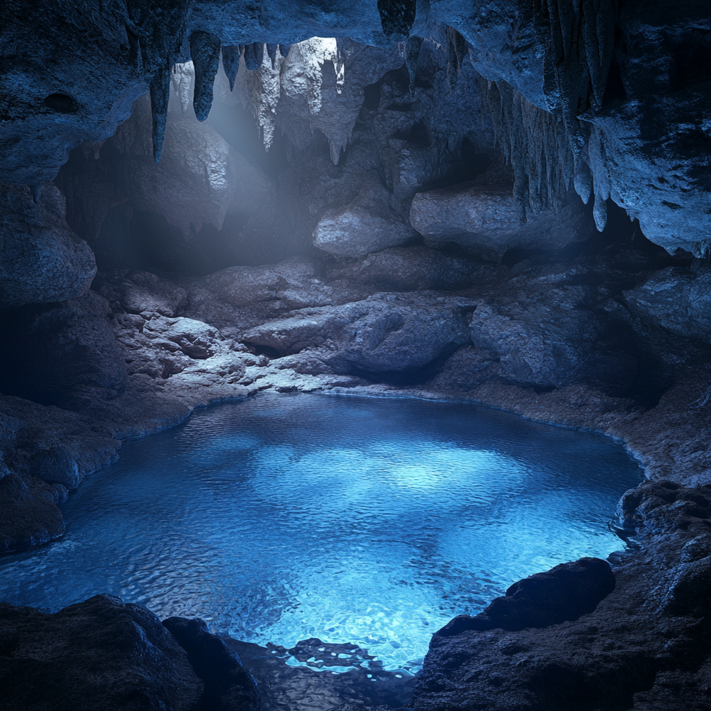 High-definition 4K image of fantastical landscape with blue pond.