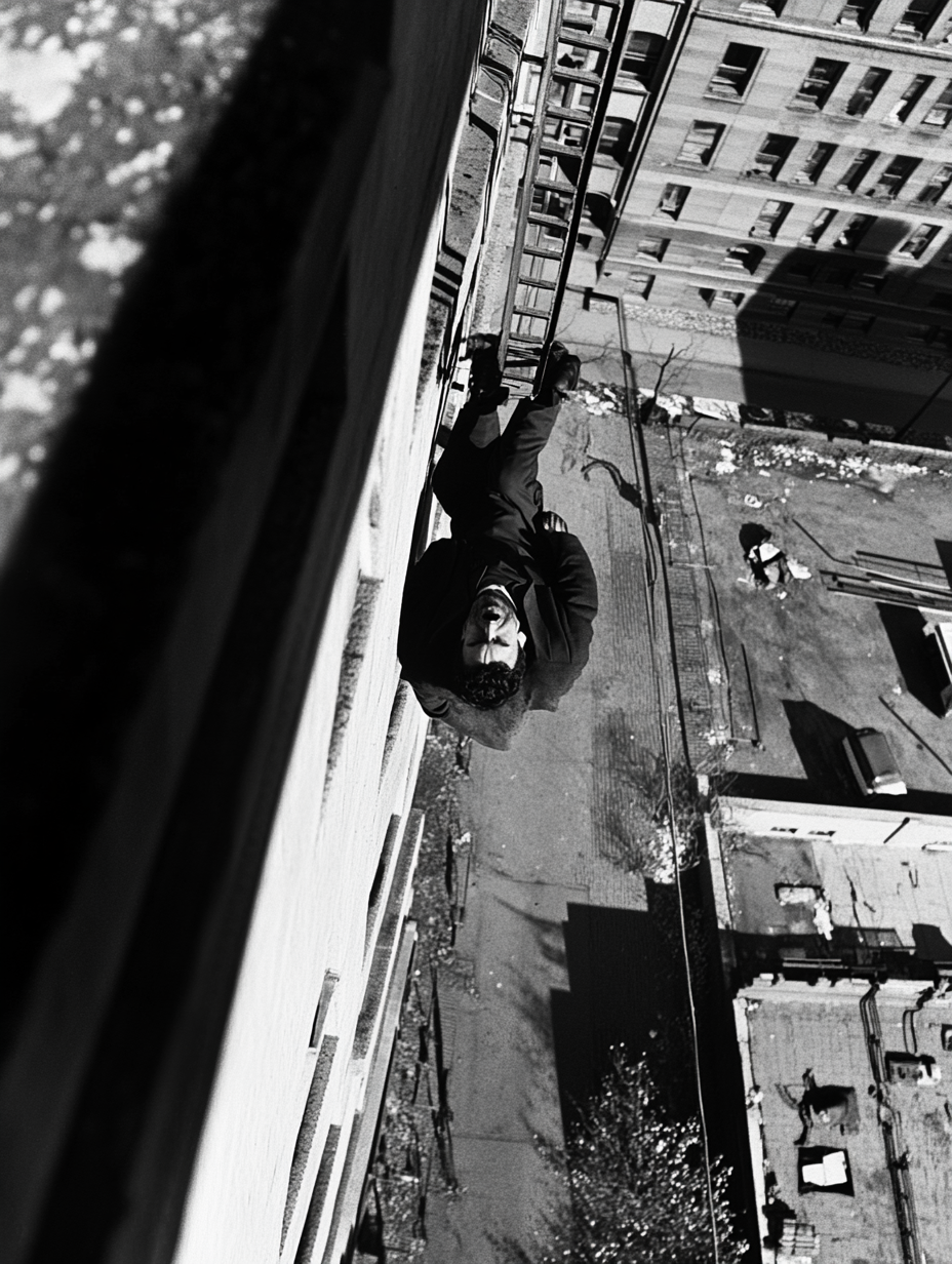 High-definition rooftop view: fallen person and ladder