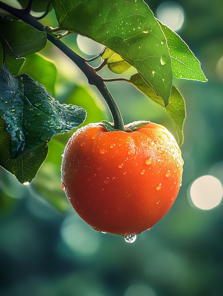 High detail photo of 7 persimmons on branch.