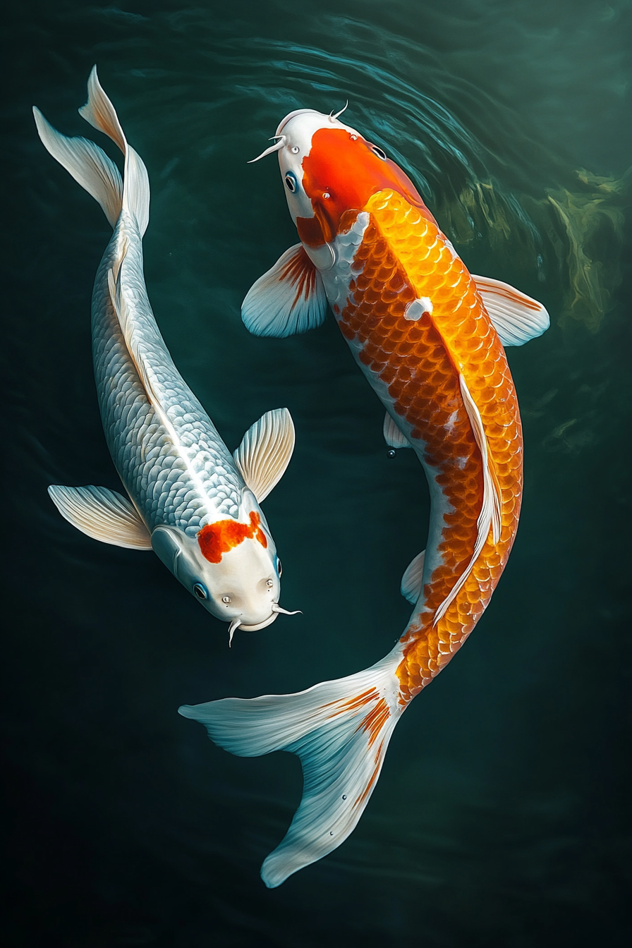 High detailed realistic canon eos shot of two koi.