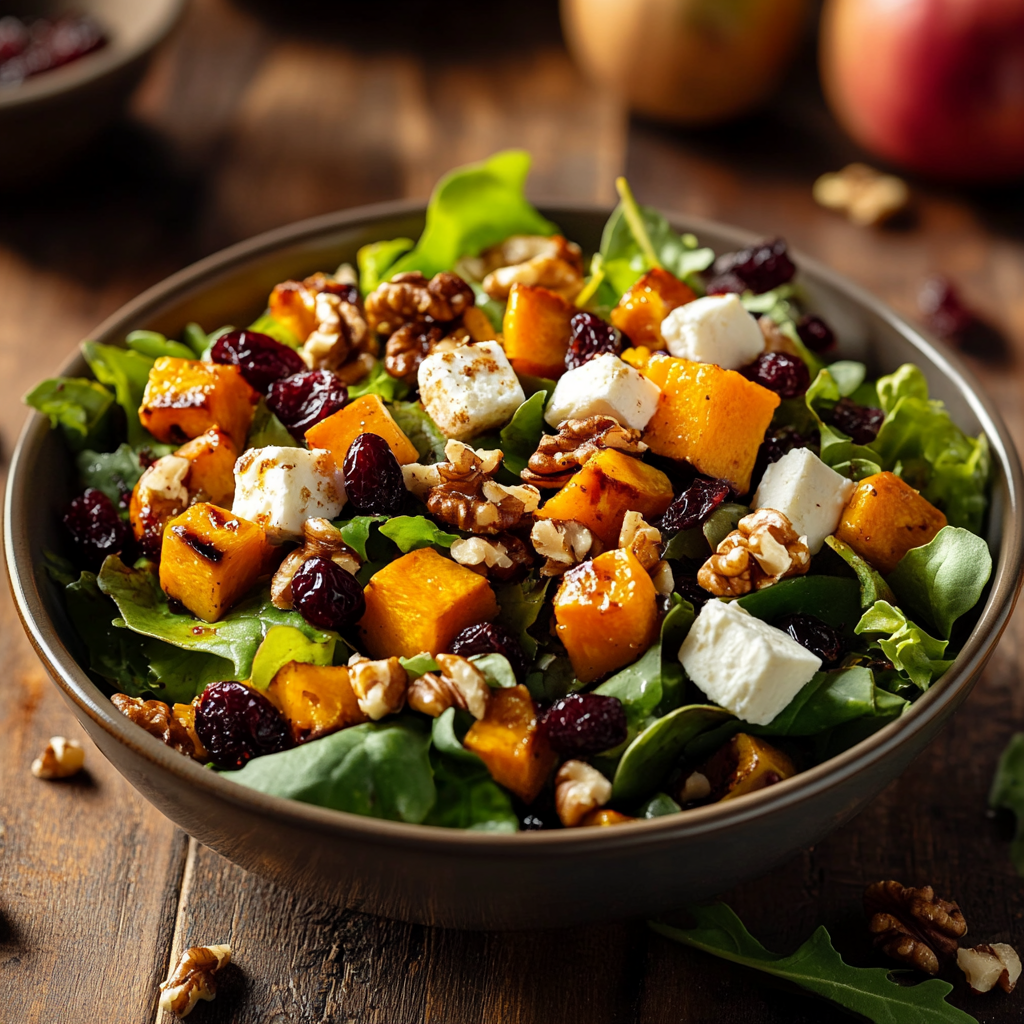 High-end photo of Sunset Orchard Salad on rustic table.