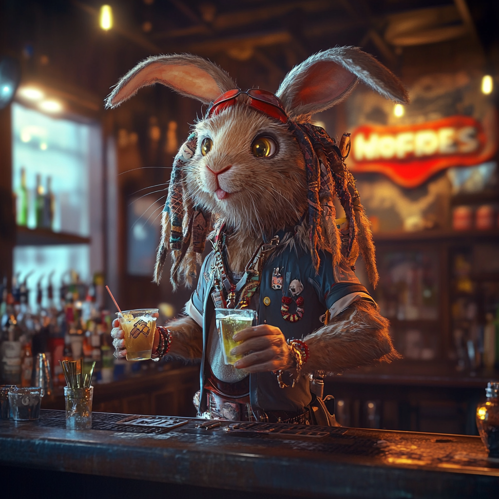 High-energy rabbit-person bartender with dreadlocks entices patrons.