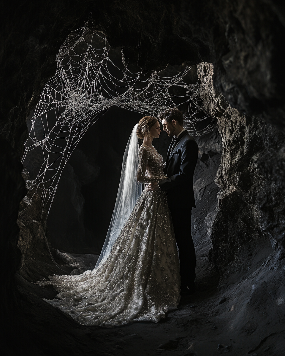 High fashion editorial wedding attire in black cavern