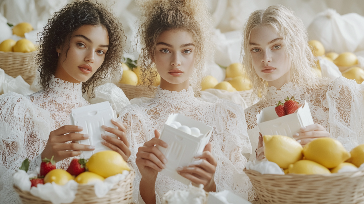 High fashion photo of models with milk cartons, fruits.