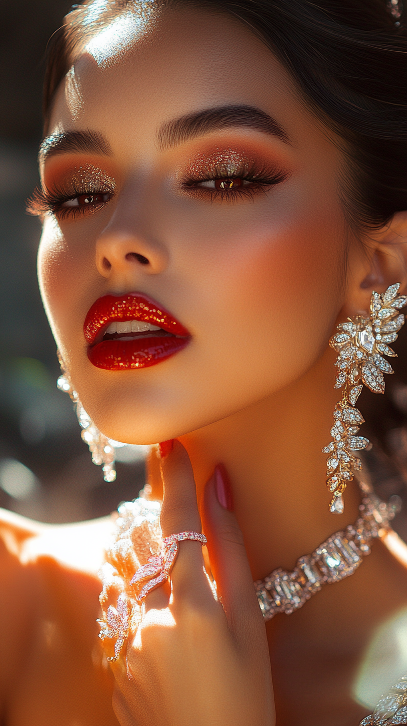 High-fashion portrait of California Latina exuding luxury. Euphoric expression, shimmering jewelry, flawless makeup.