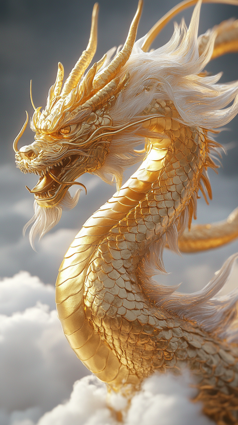 High quality hyperrealistic photo of gold dragon.