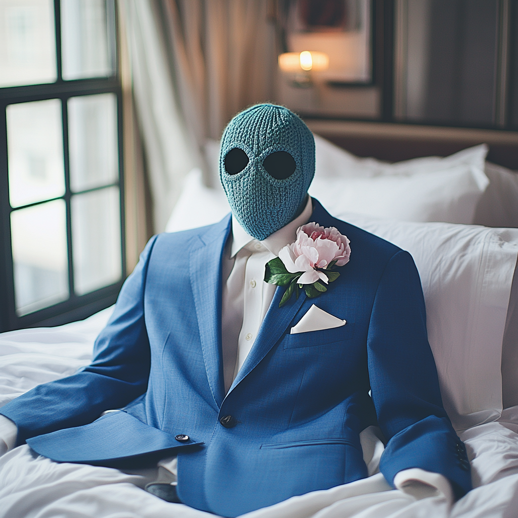 High quality image of blue suit on bed.