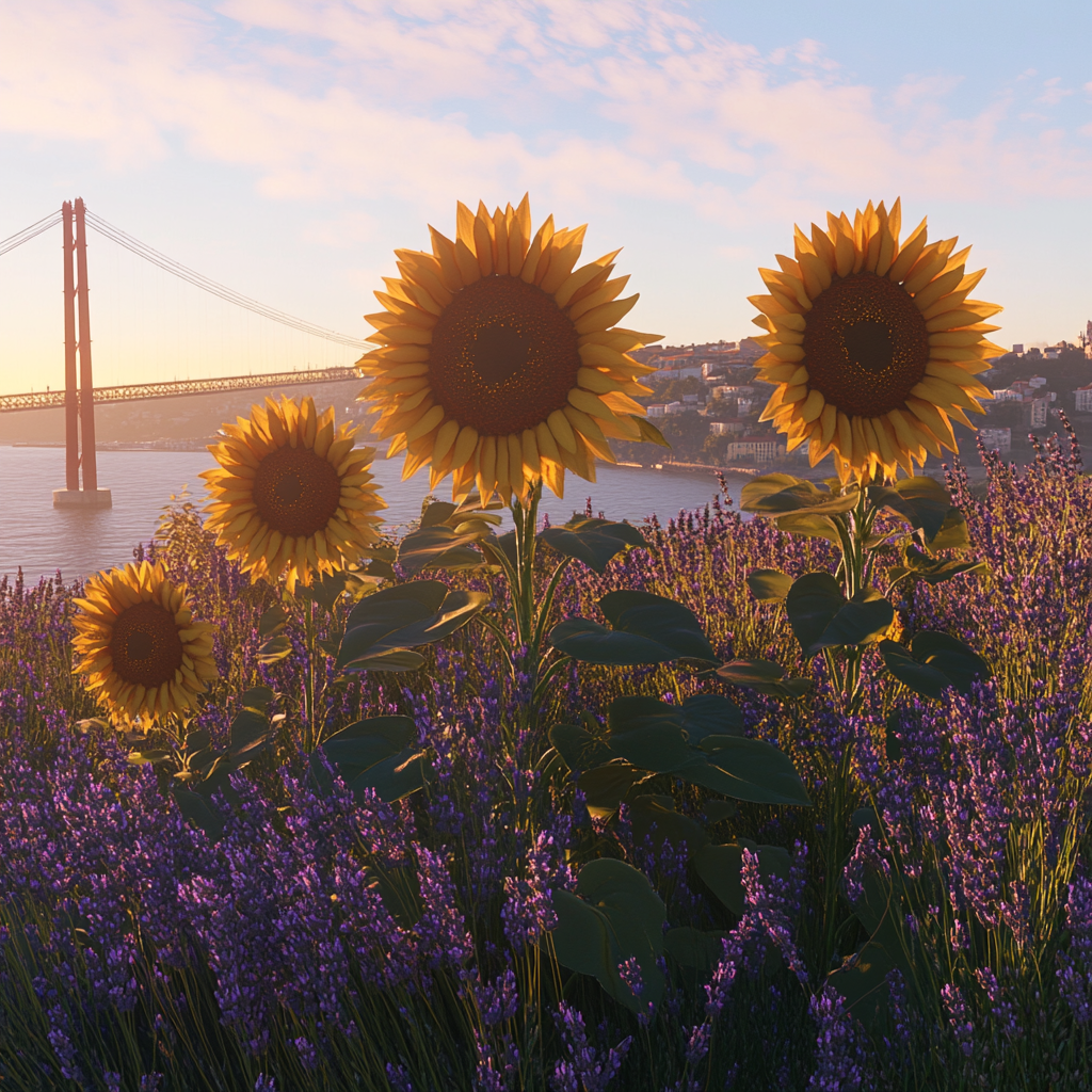 High-quality image of sunflowers with Lisbon landmarks, realistic lighting