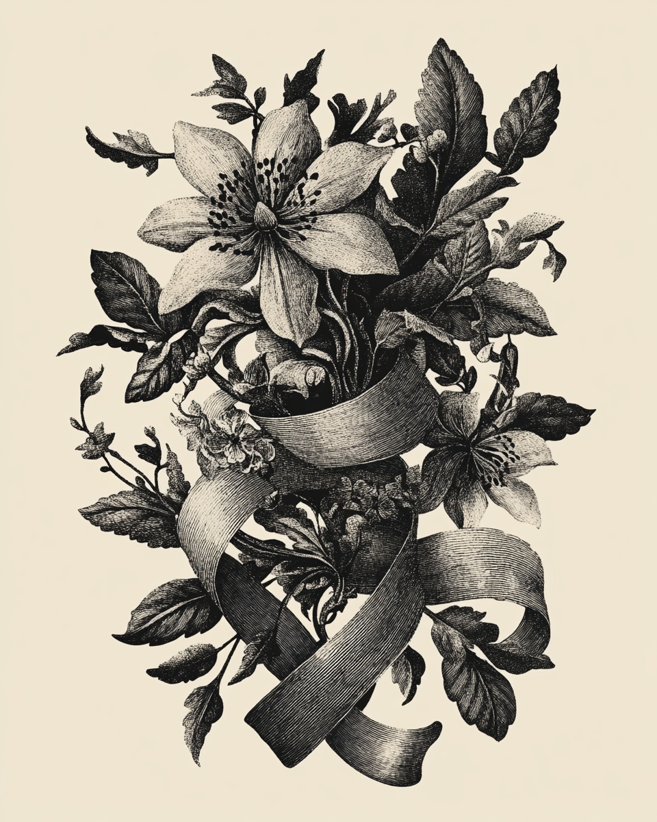 High-quality monochrome illustration of botanical glyphs, ribbons, flowers.