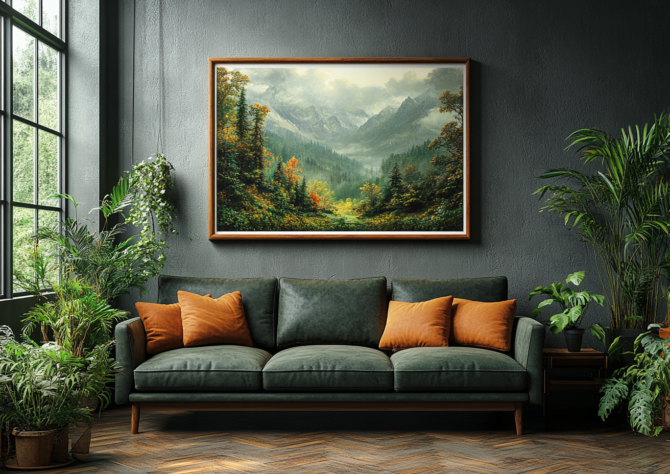 High quality photo of dark sofa, plants, framed board.