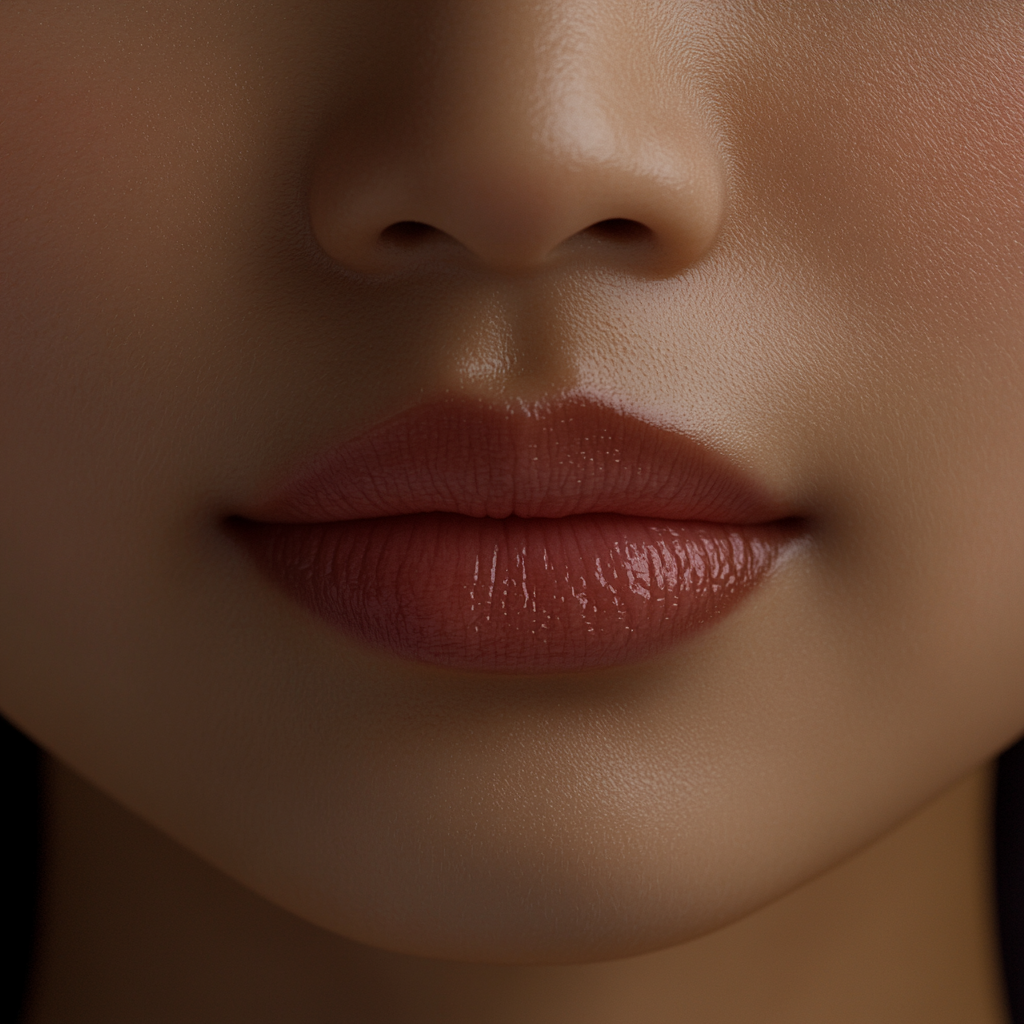 High-quality photo of natural plump pink lips, cinematic tone.