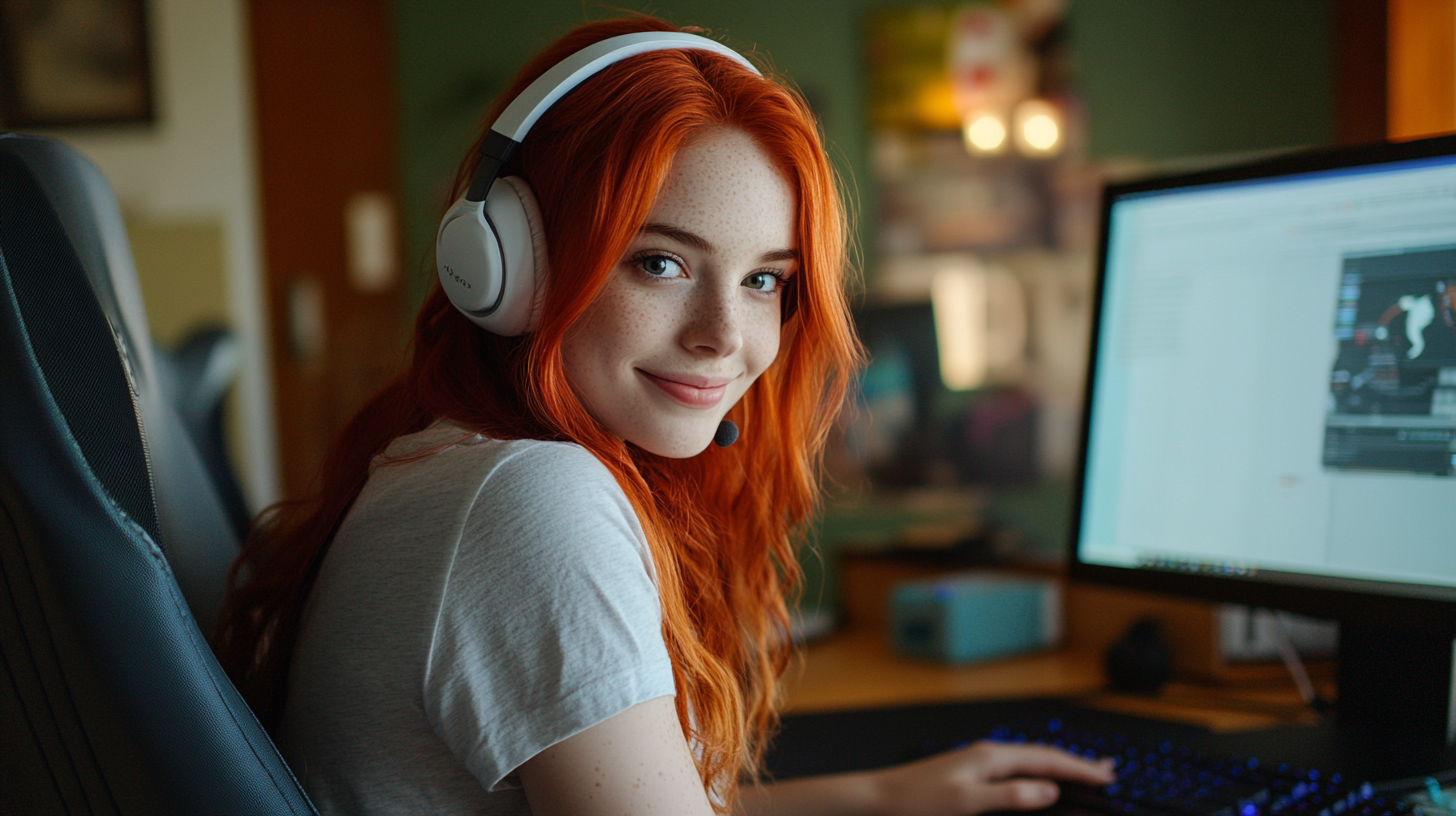 High quality photograph of young woman at desk smiling.