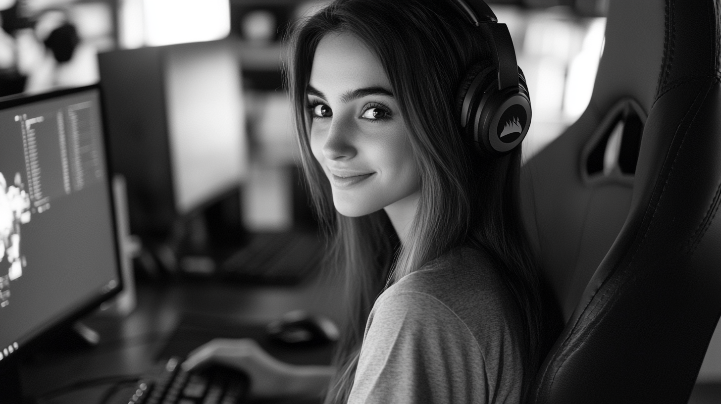 High quality photograph: smiling attractive girl at computer desk.