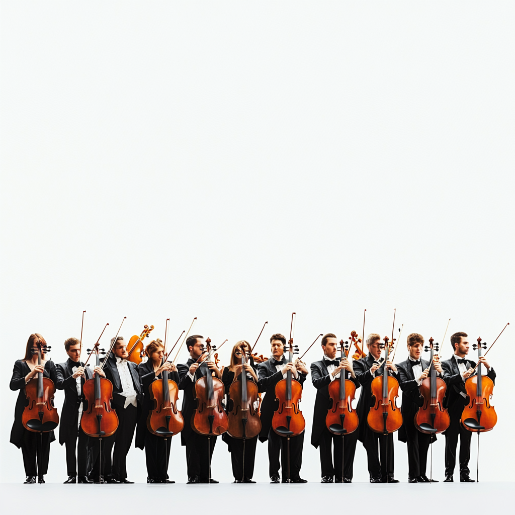 High quality ultra realistic image of orchestra from side.