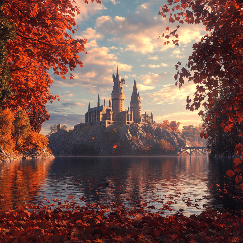 High-res, hyper-realistic Hogwarts in fall, serenely magical scene.