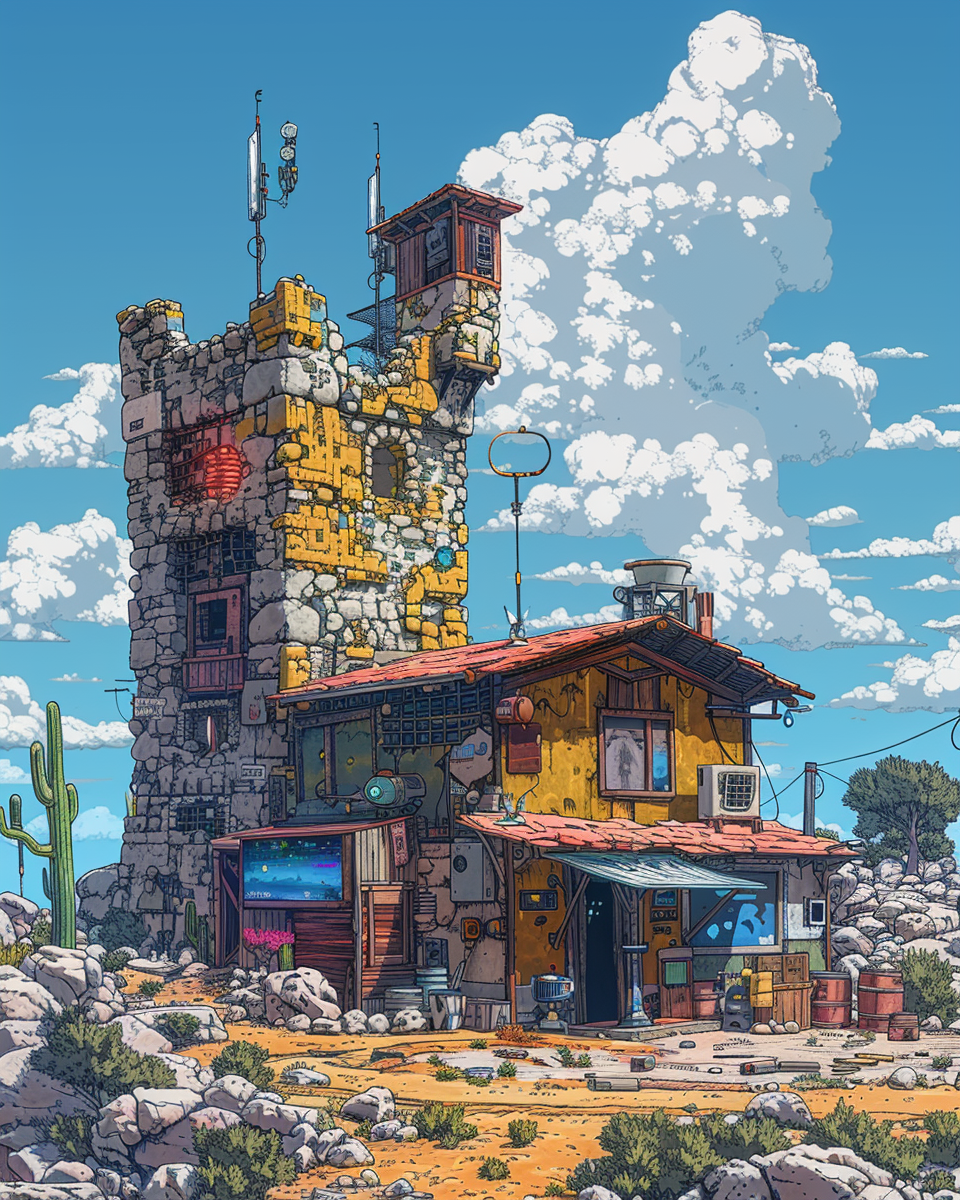 High-res cartoon illustration of high-tech outpost with AR maps.