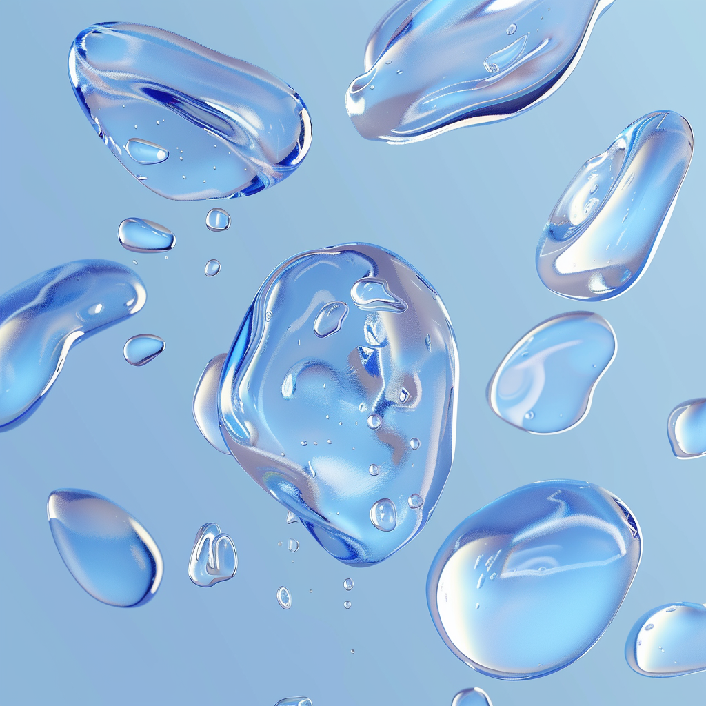 High-res image of transparent water droplets on blue gradient.