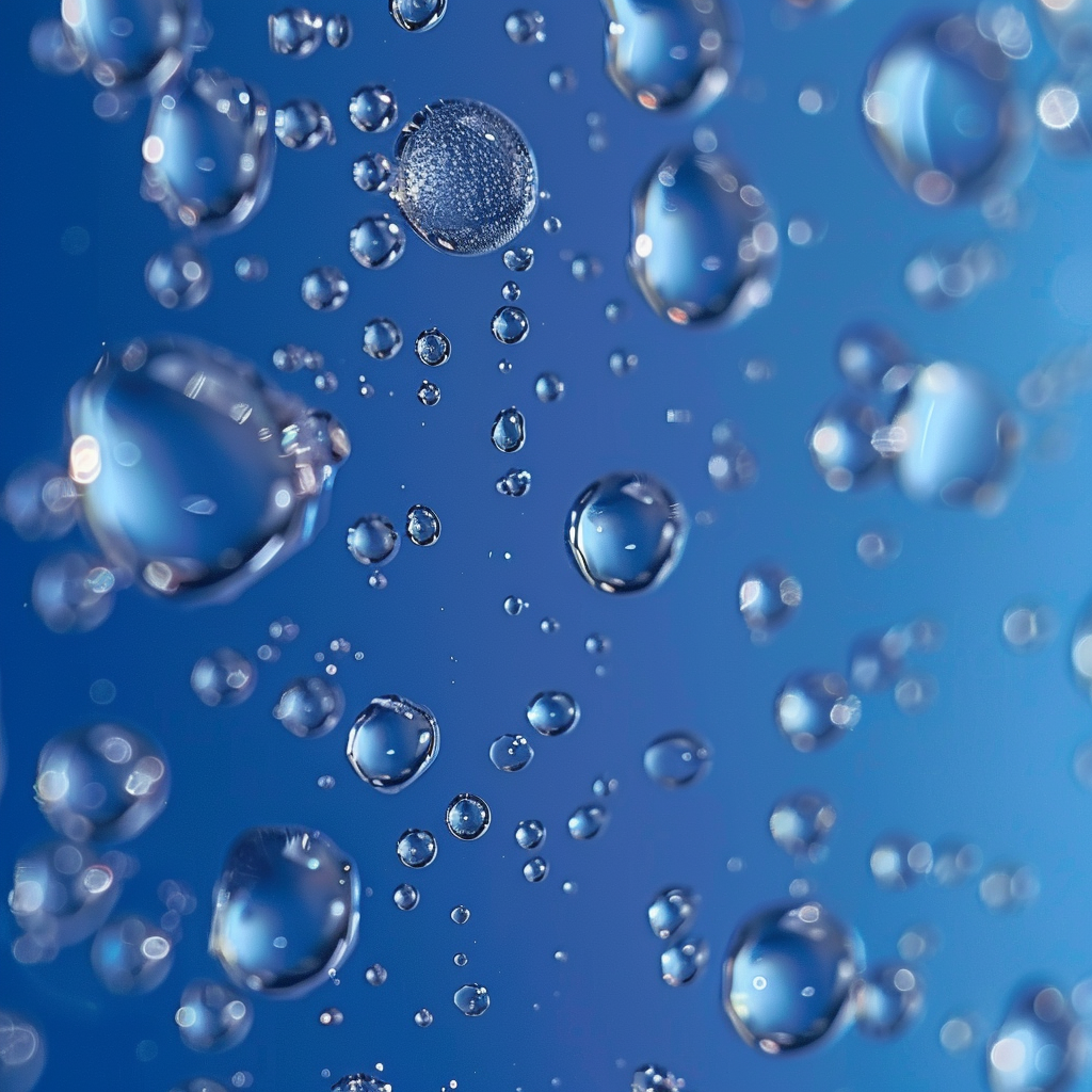 High-res transparent water droplets on blue background.