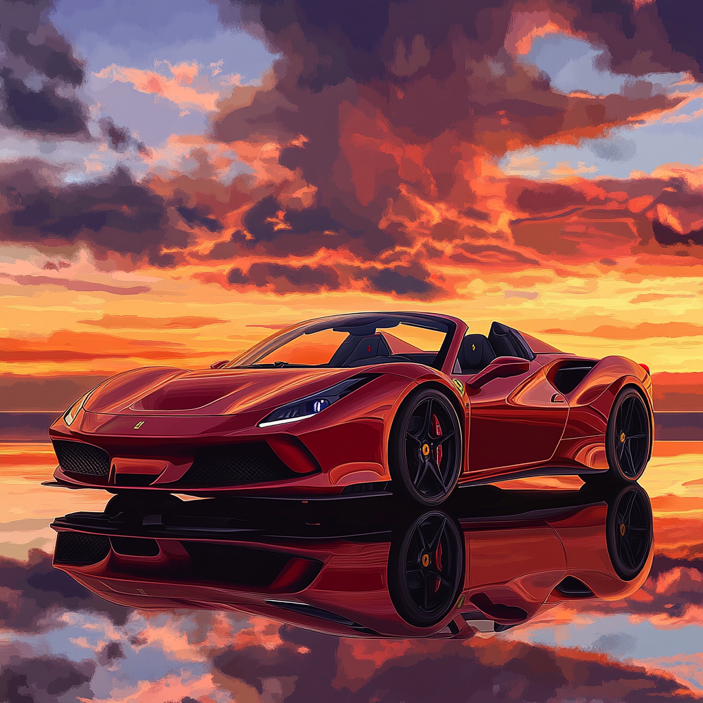 High-resolution Ferrari image under sunset sky with warm hues and reflections