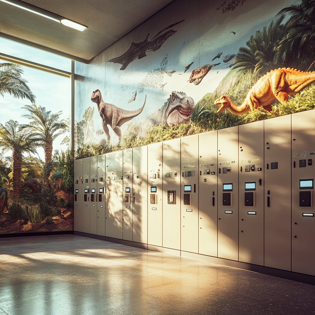 High-resolution camera capturing image of RFID lockers with murals.