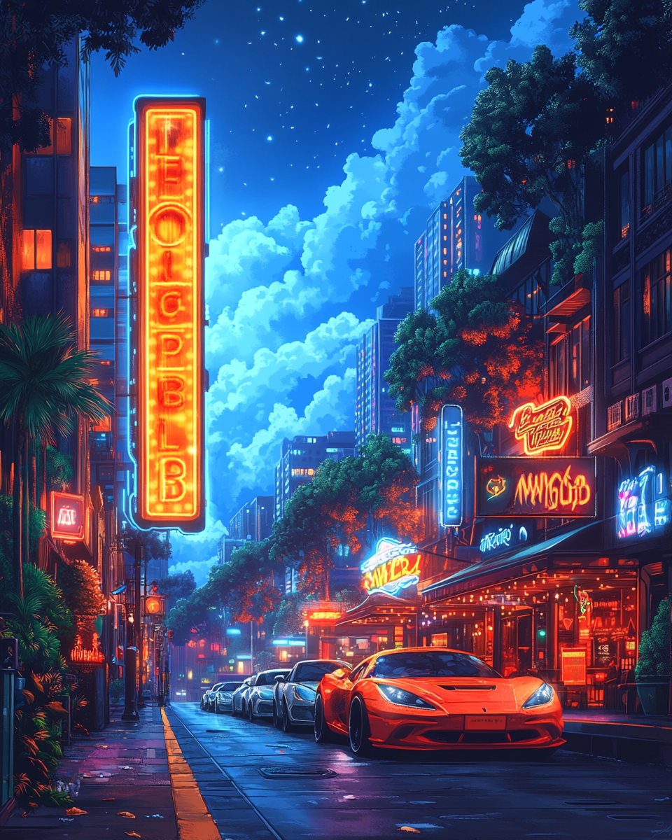 High resolution cartoon illustration of downtown night club.