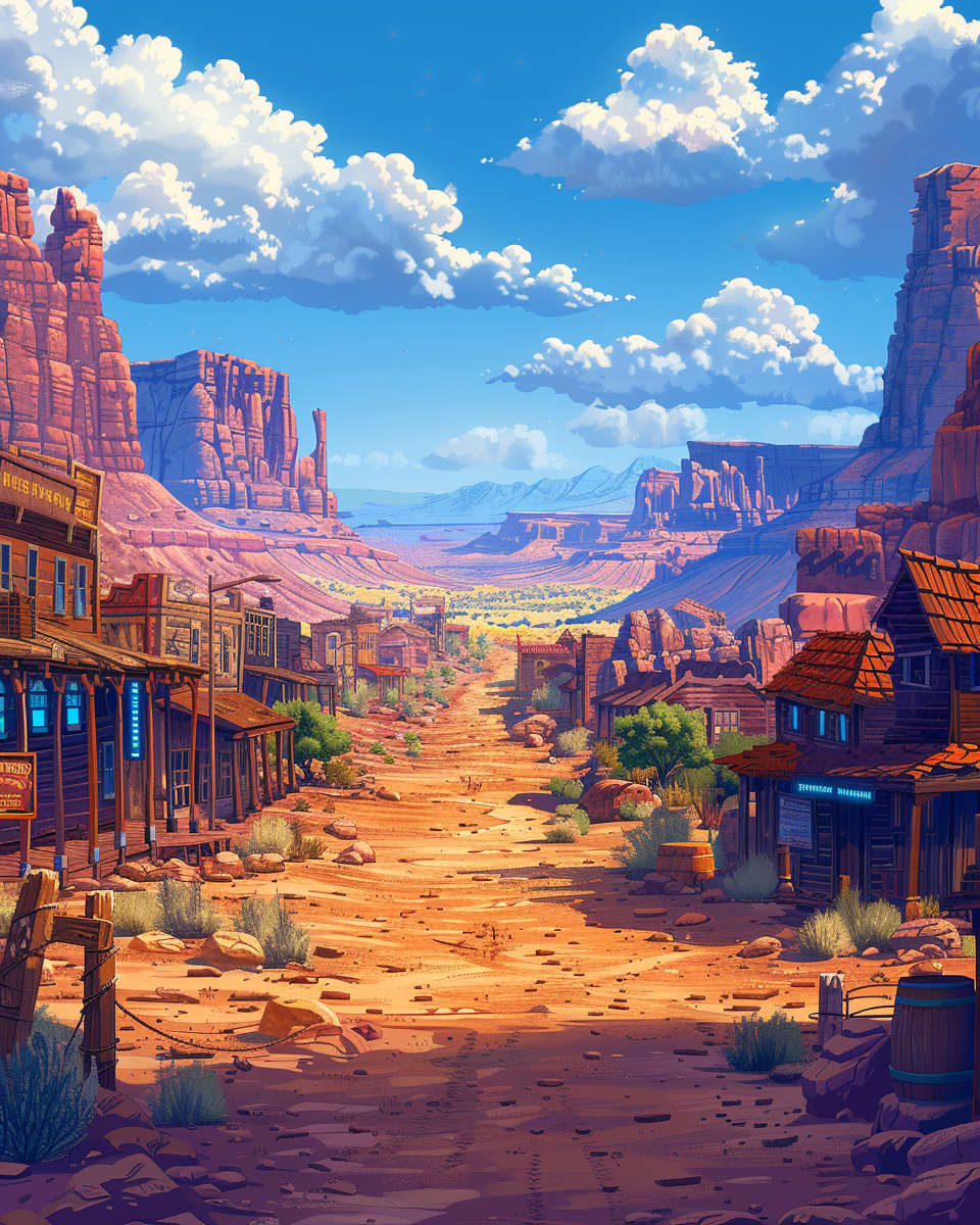 High resolution cartoon style illustration of dusty town.