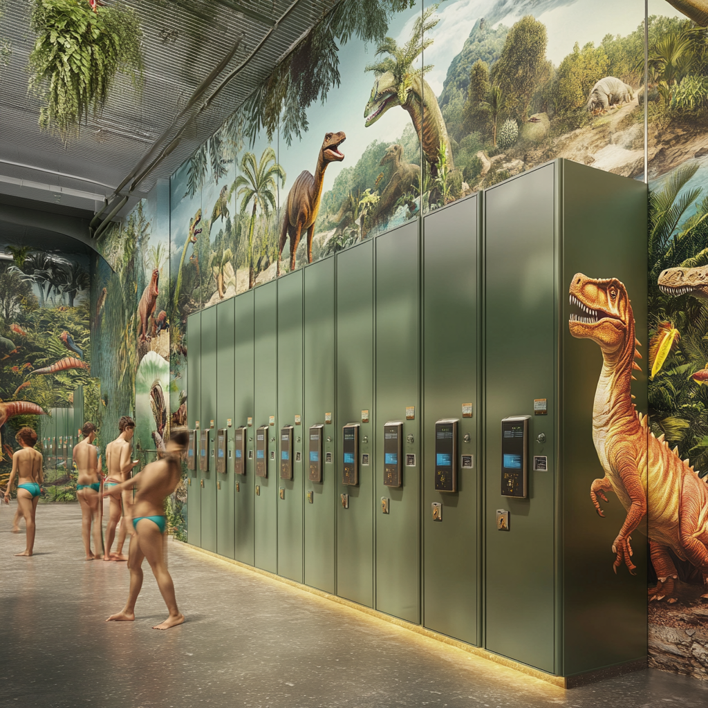 High-resolution image of RFID lockers with dinosaur murals.