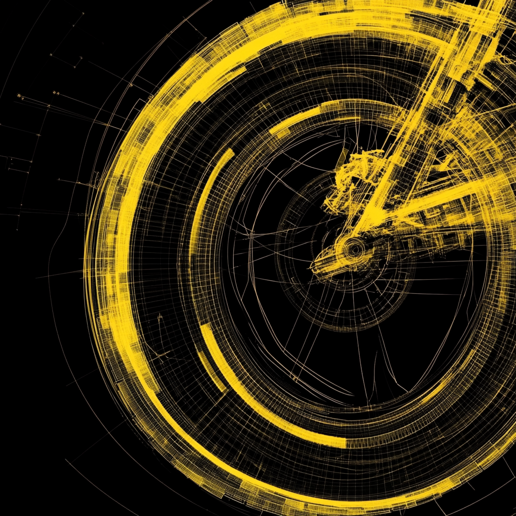 High-resolution image of motor cycle wheel symbol. Yellow, black, futuristic wireframe digital art. Cyberpunk style.