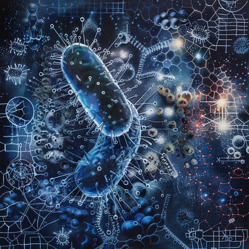 High resolution legionella bacteria surrounded by chemical compounds.