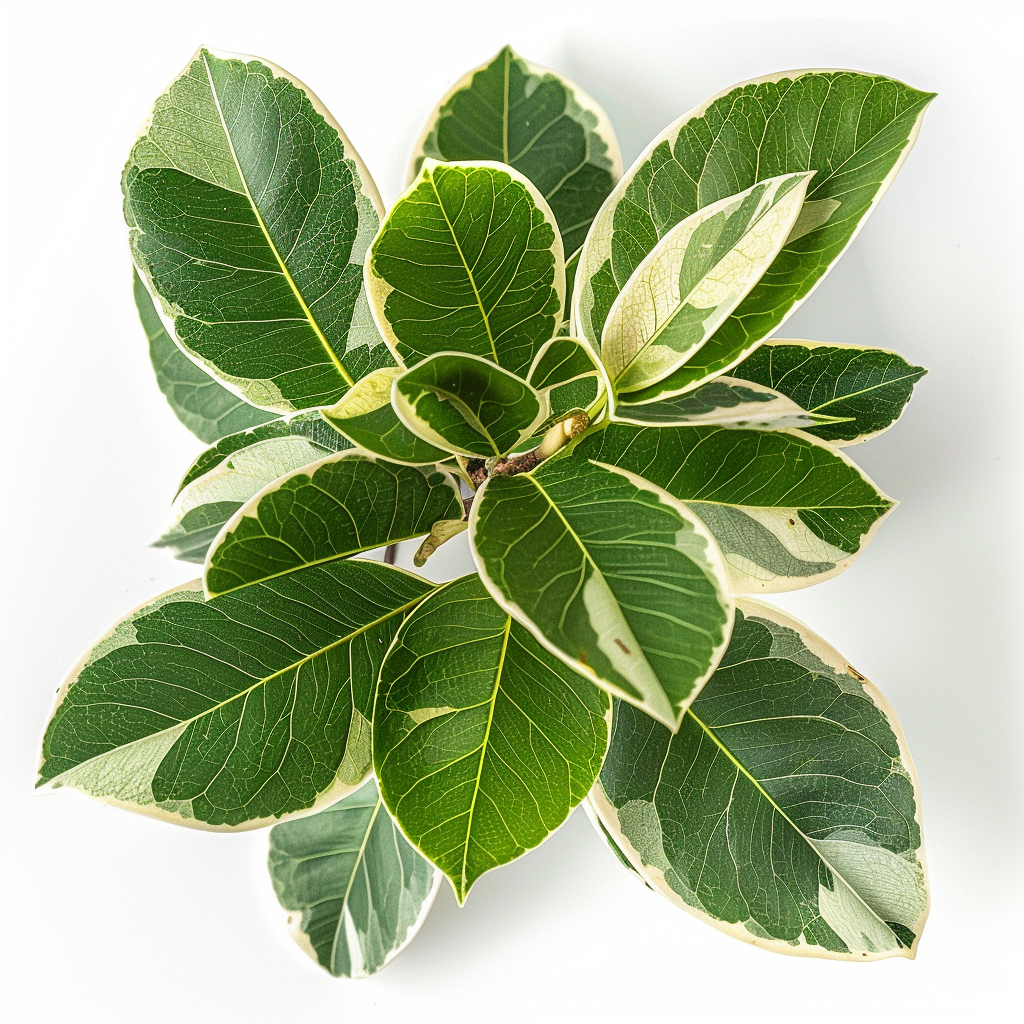 High-resolution photo of Ficus elastica with variegated leaves.