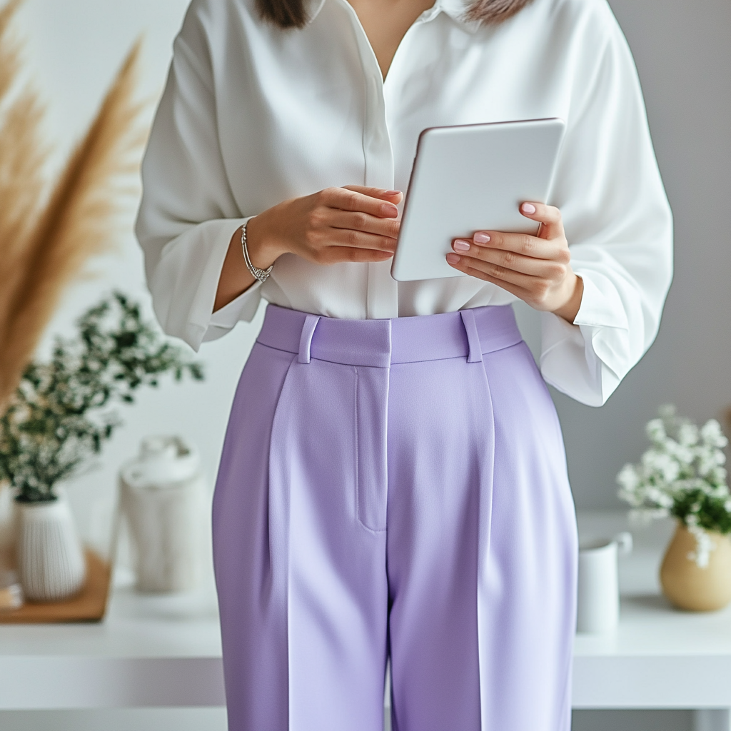 High resolution photo of woman holding iPad, autumn theme.